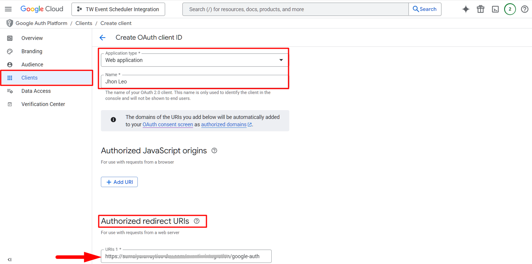 Enter client name and authorized redirect URI from Timetics settings
