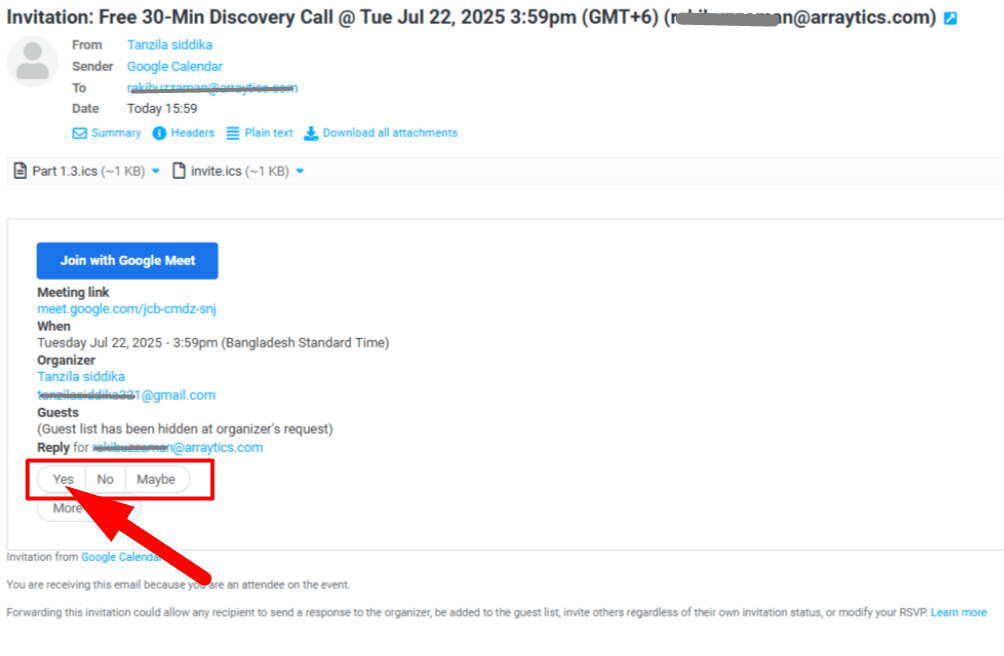 Client receives booking confirmation email with Google Calendar link from Timetics