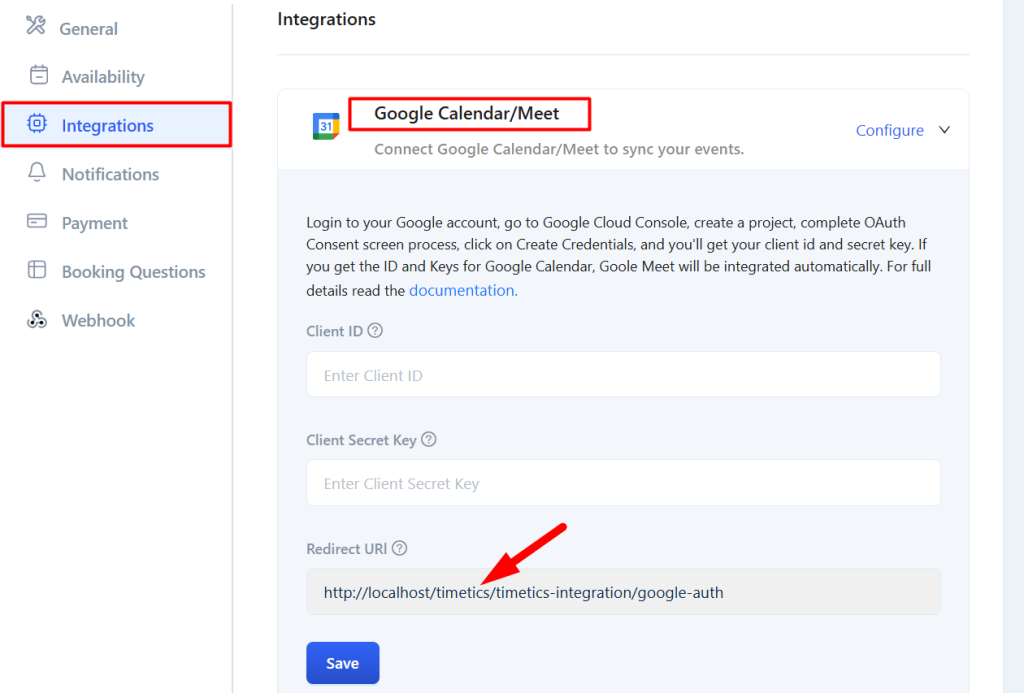 Copy the authorized redirect URI from Timetics Google Meet settings