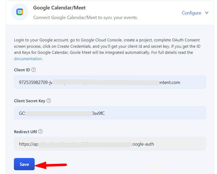 Paste Client ID and Secret Key into Timetics settings and click Save
