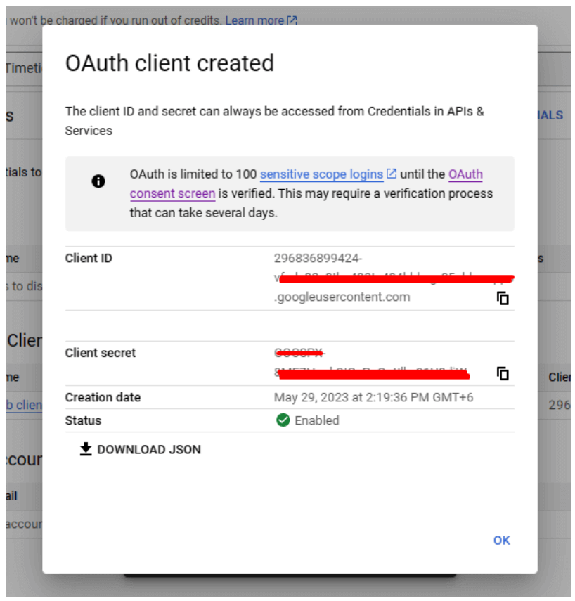Copy Client ID and Secret Key for Google Calendar integration with Timetics