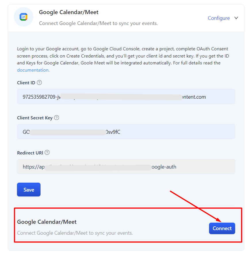 Click Connect button to authenticate Google Calendar with Timetics