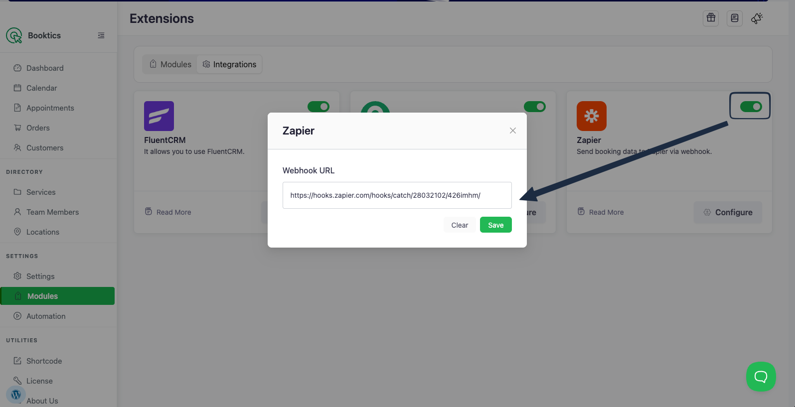IMAGE PLACEHOLDER: Zapier configure modal with the Webhook URL field filled and Save button