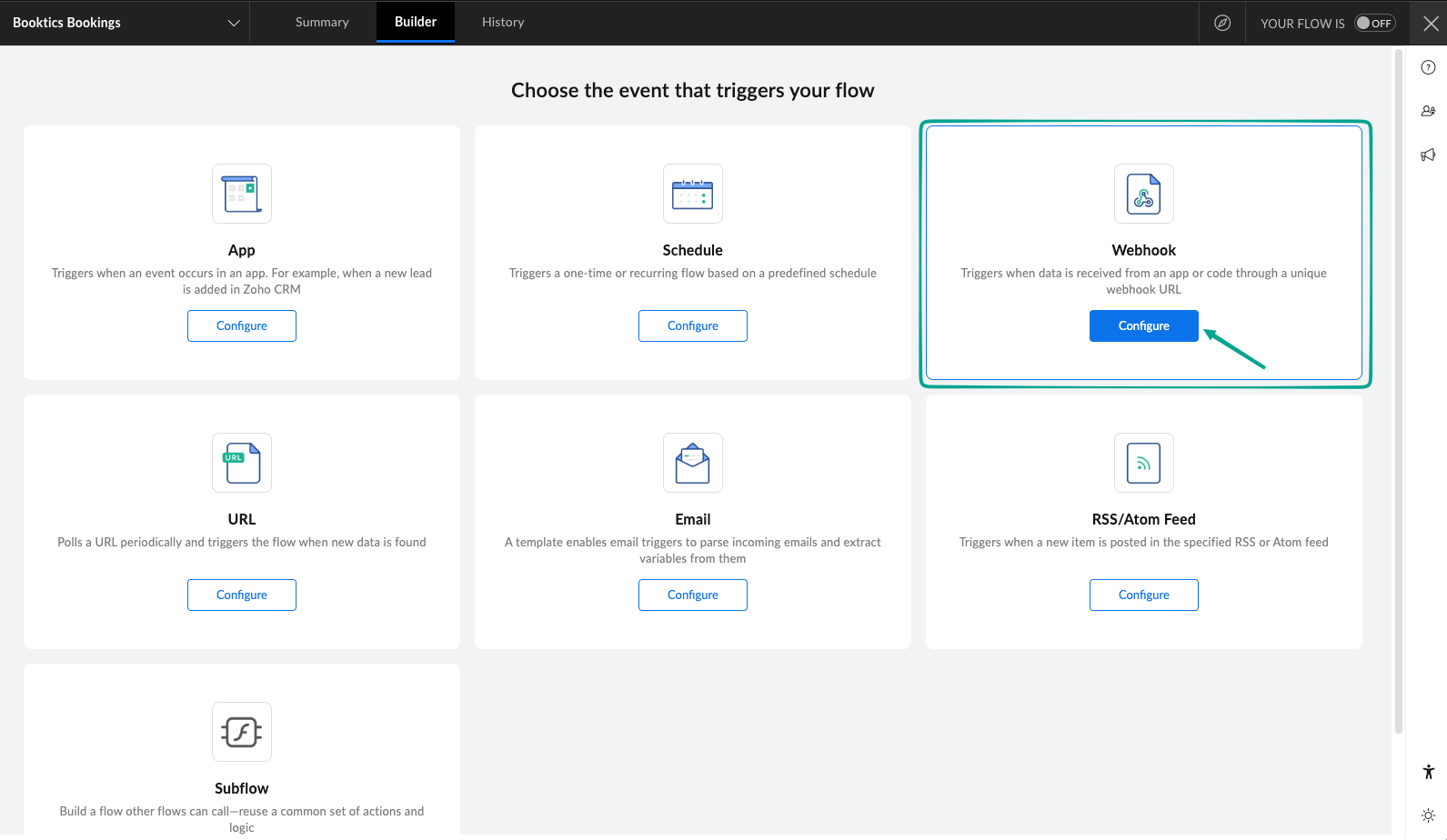 Zoho Flow webhook setup for booktics