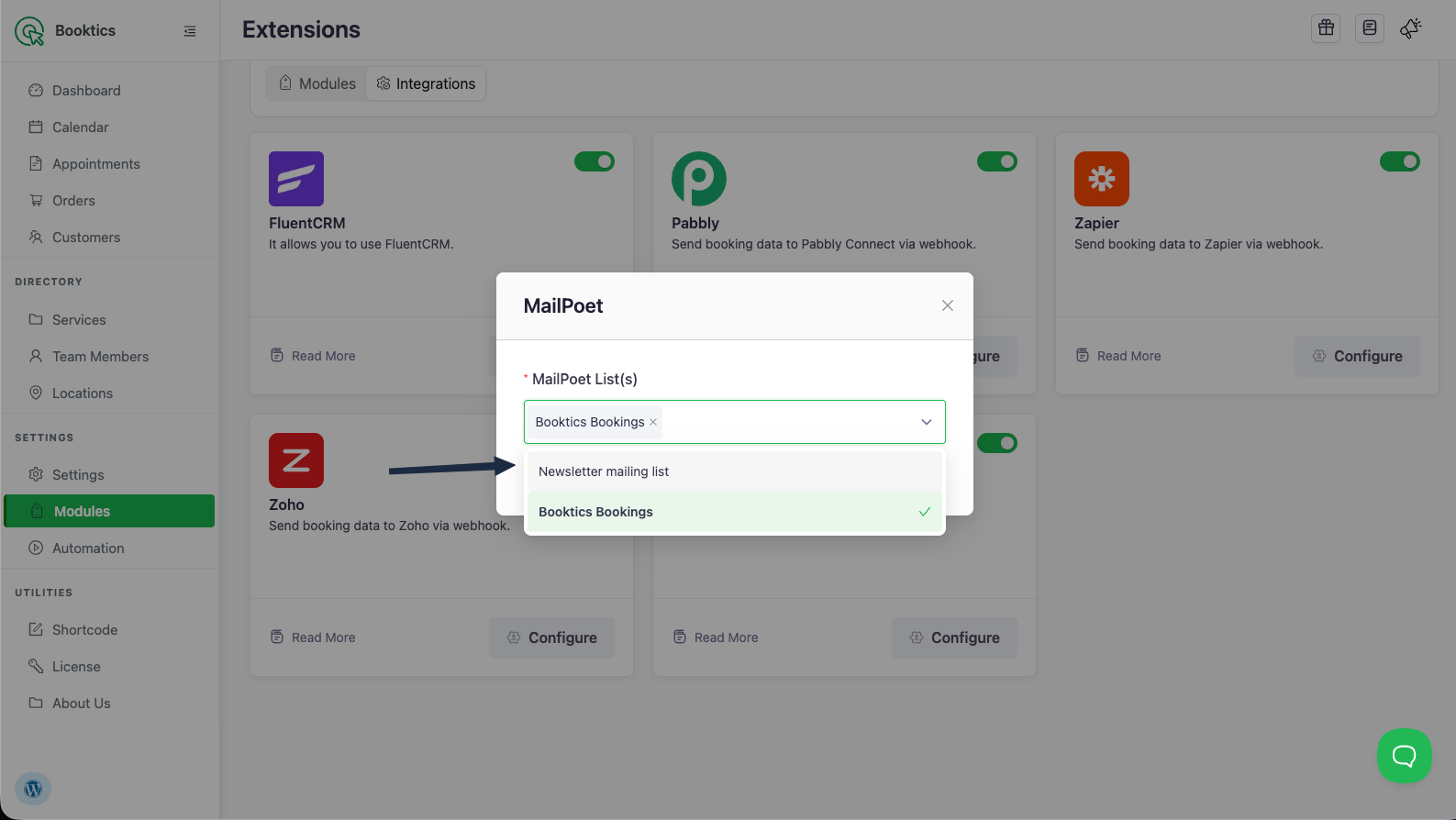 MailPoet list in bookticss integration card