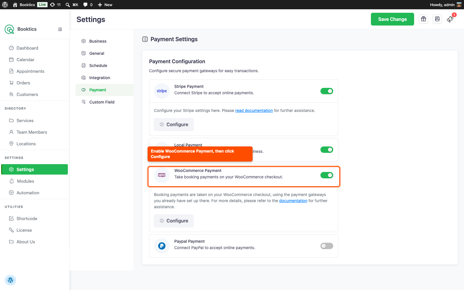 Booktics Settings Payment tab with the WooCommerce Payment row enabled and Configure button