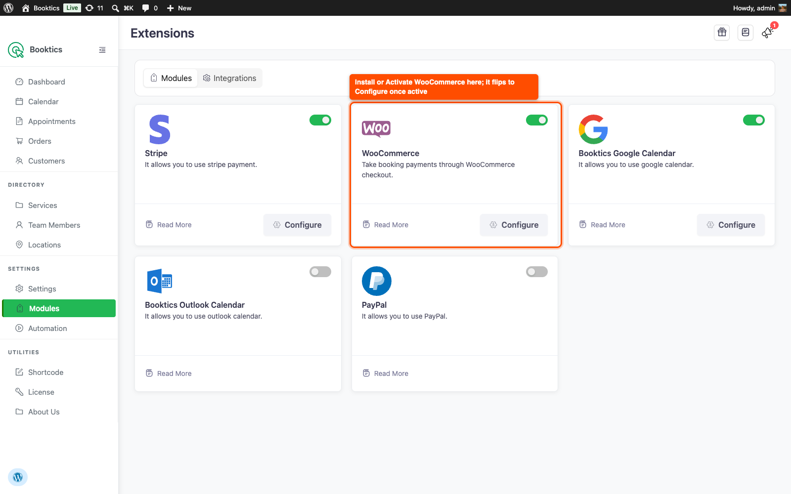Booktics Modules page WooCommerce card with Install Activate Configure button