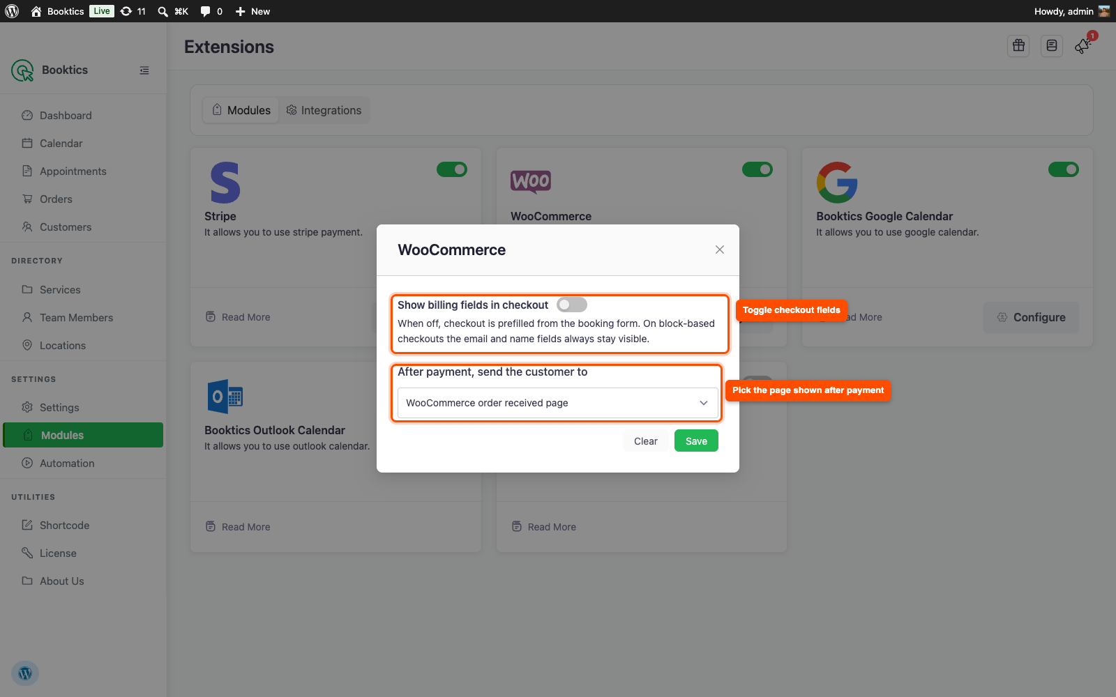 Booktics WooCommerce configure modal with Show billing fields toggle and after payment destination dropdown