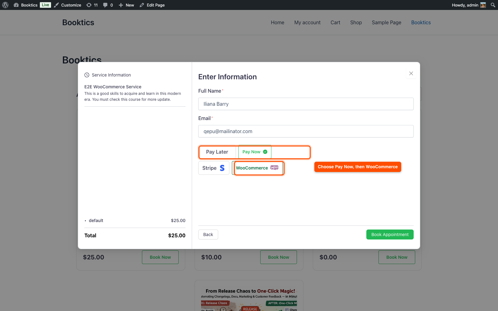 Booktics booking form Enter Information step with Pay Now selected and WooCommerce payment method highlighted