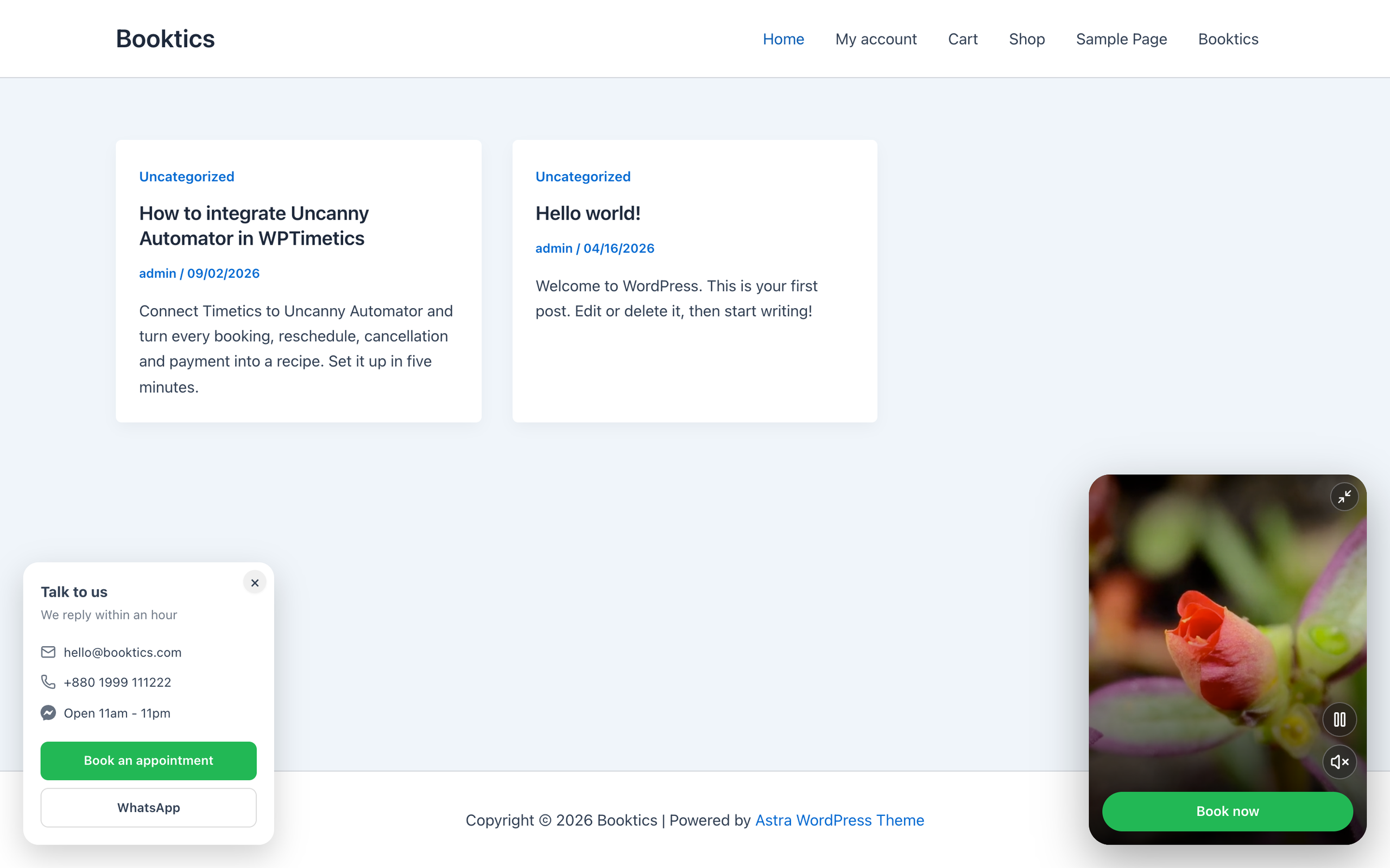 Booktics Presence Widgets on a live site: video popup and quick contact card