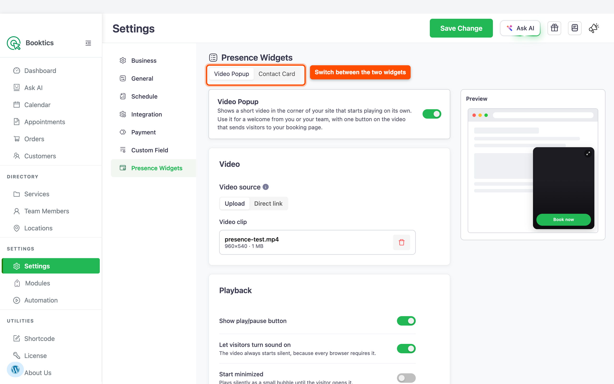 Presence Widgets tab in Booktics settings with the widget switcher