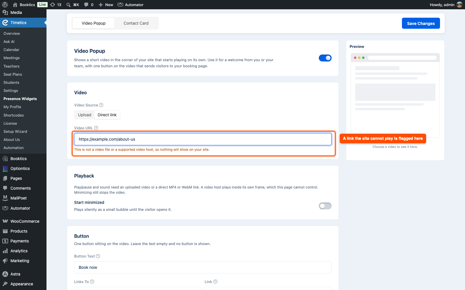 Timetics Pro warning that a video link is not a video file or a supported video host