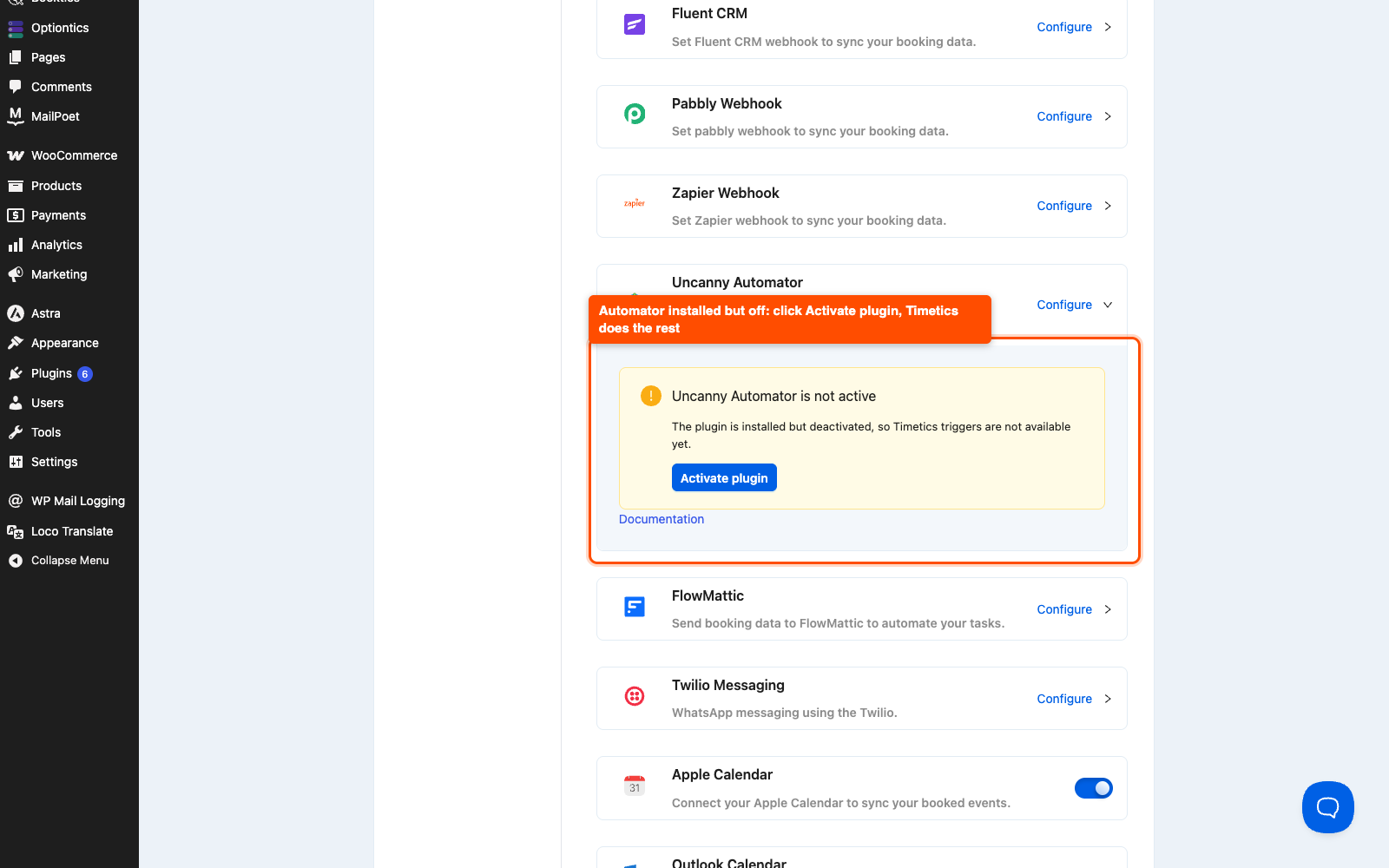 Timetics Uncanny Automator panel showing the plugin is not active with an Activate plugin button