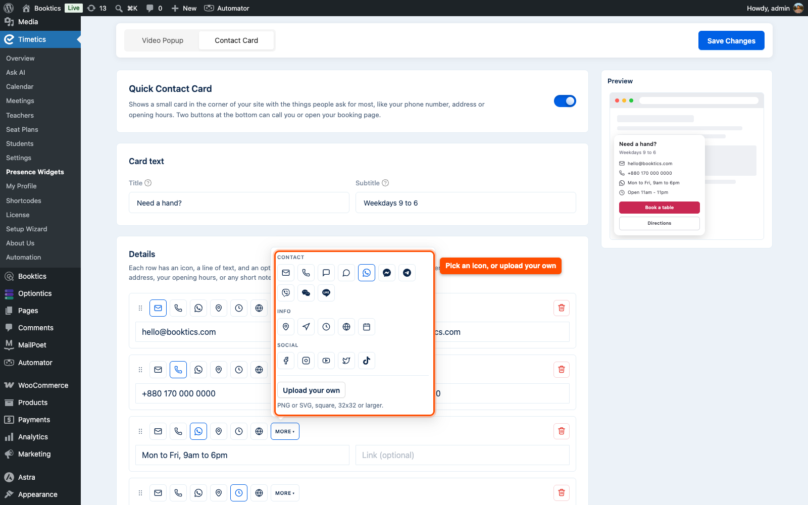 Quick Contact Card rows in Timetics Pro with the icon picker open and the Upload your own button