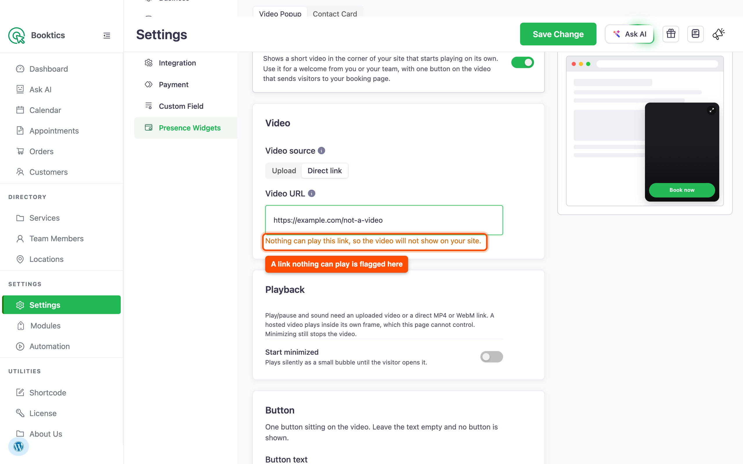 Video source set to direct link with an unplayable link warning