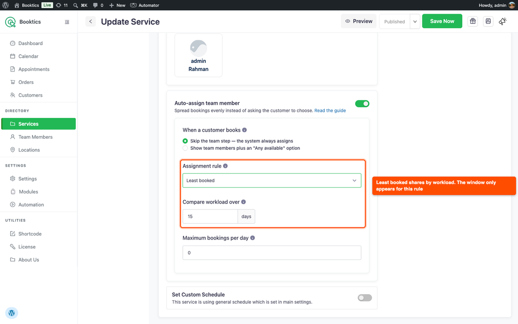 Assignment rule set to Least booked with the Compare workload over field below it