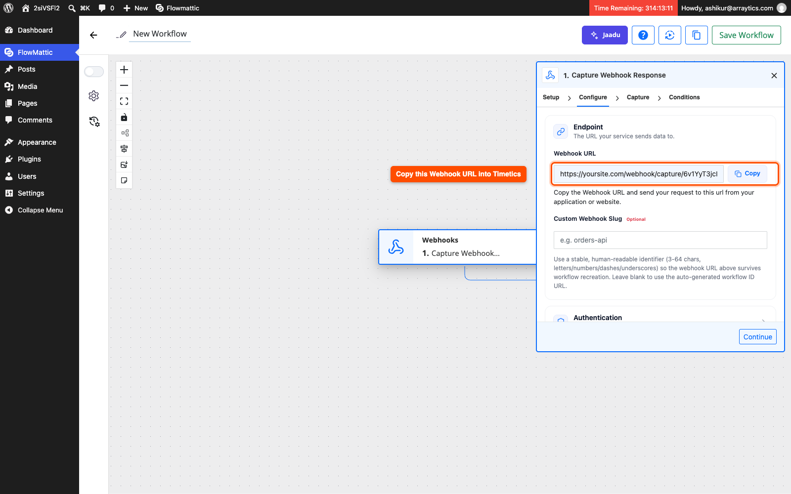 FlowMattic webhook Setup tab with Webhooks url 
