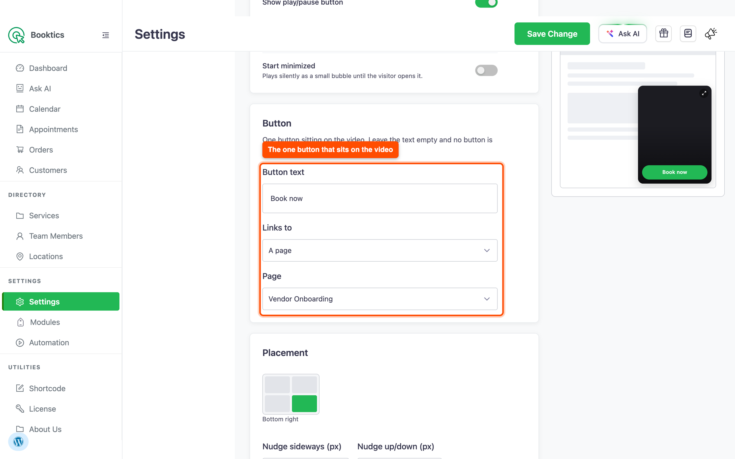 Button settings for the video popup linking to a page
