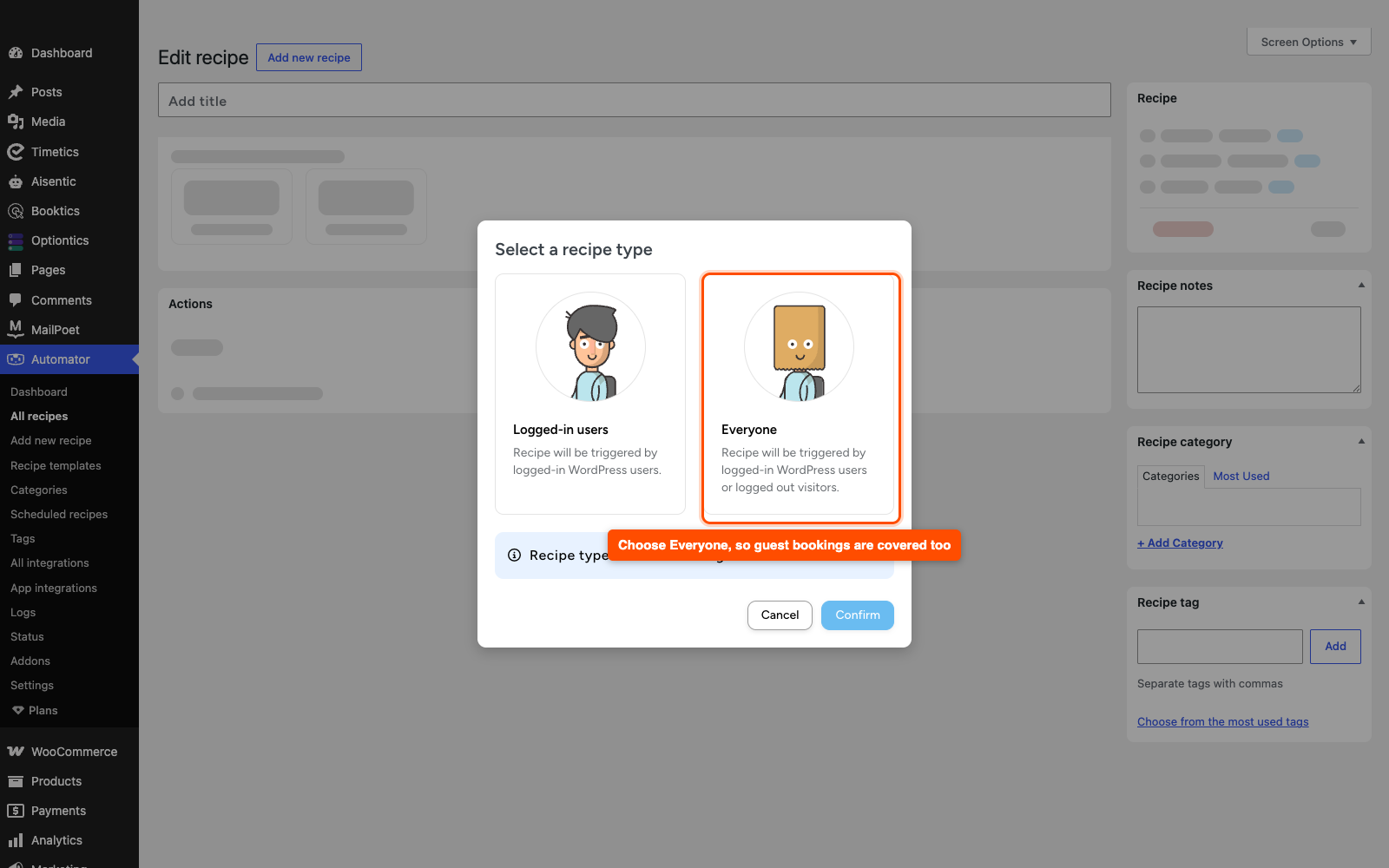 Uncanny Automator Select a recipe type dialog with the Everyone option highlighted