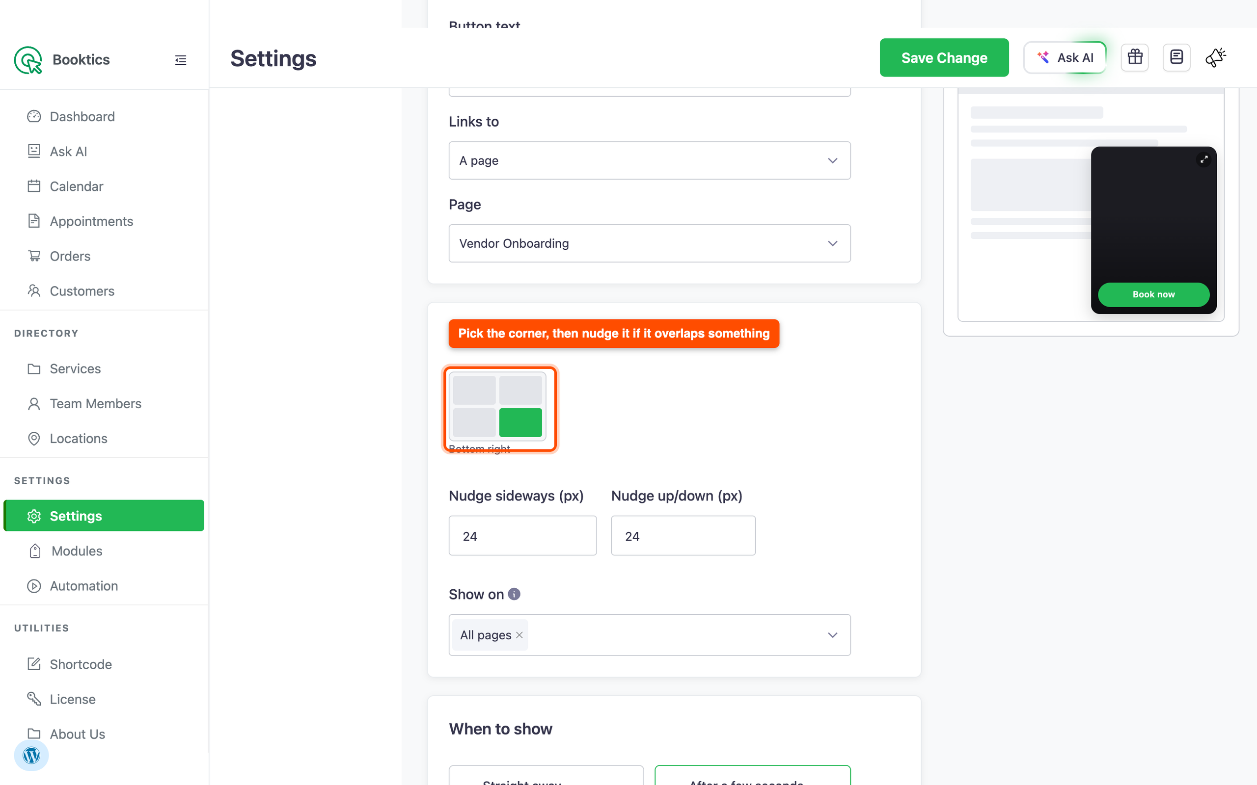 Placement card with the corner grid, nudge fields and Show on dropdown