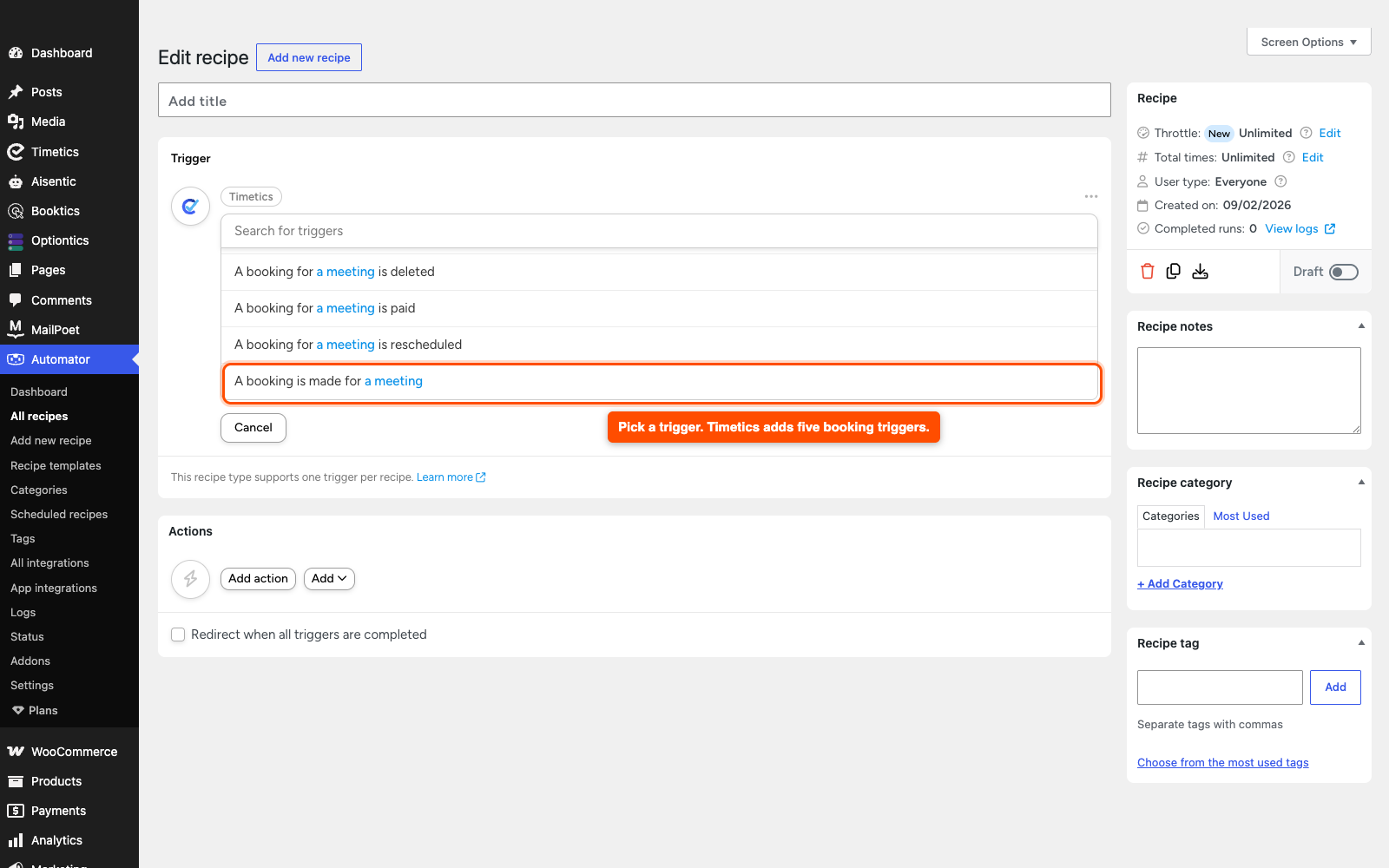 The five Timetics booking triggers listed in Uncanny Automator