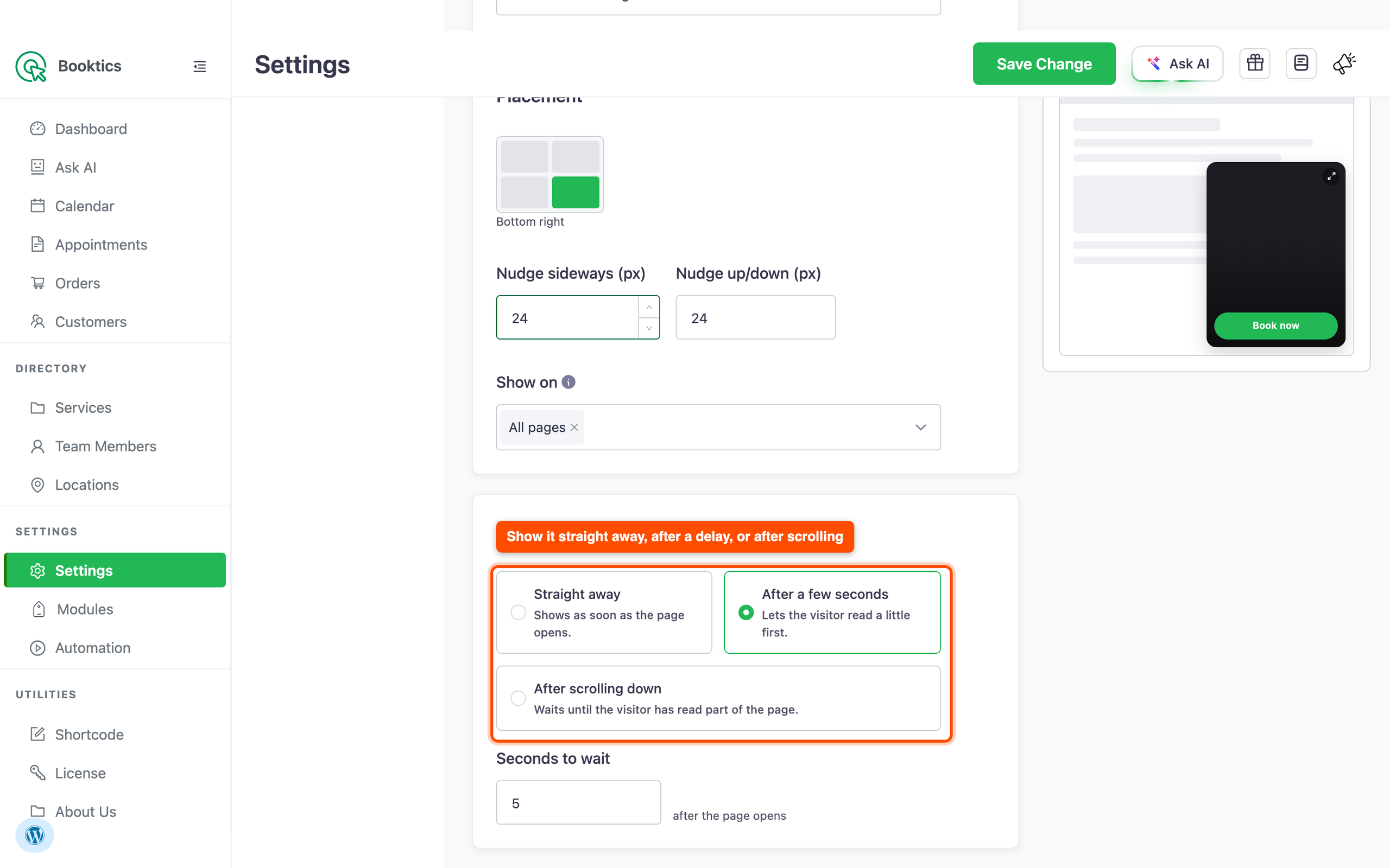 When to show options for a Booktics presence widget