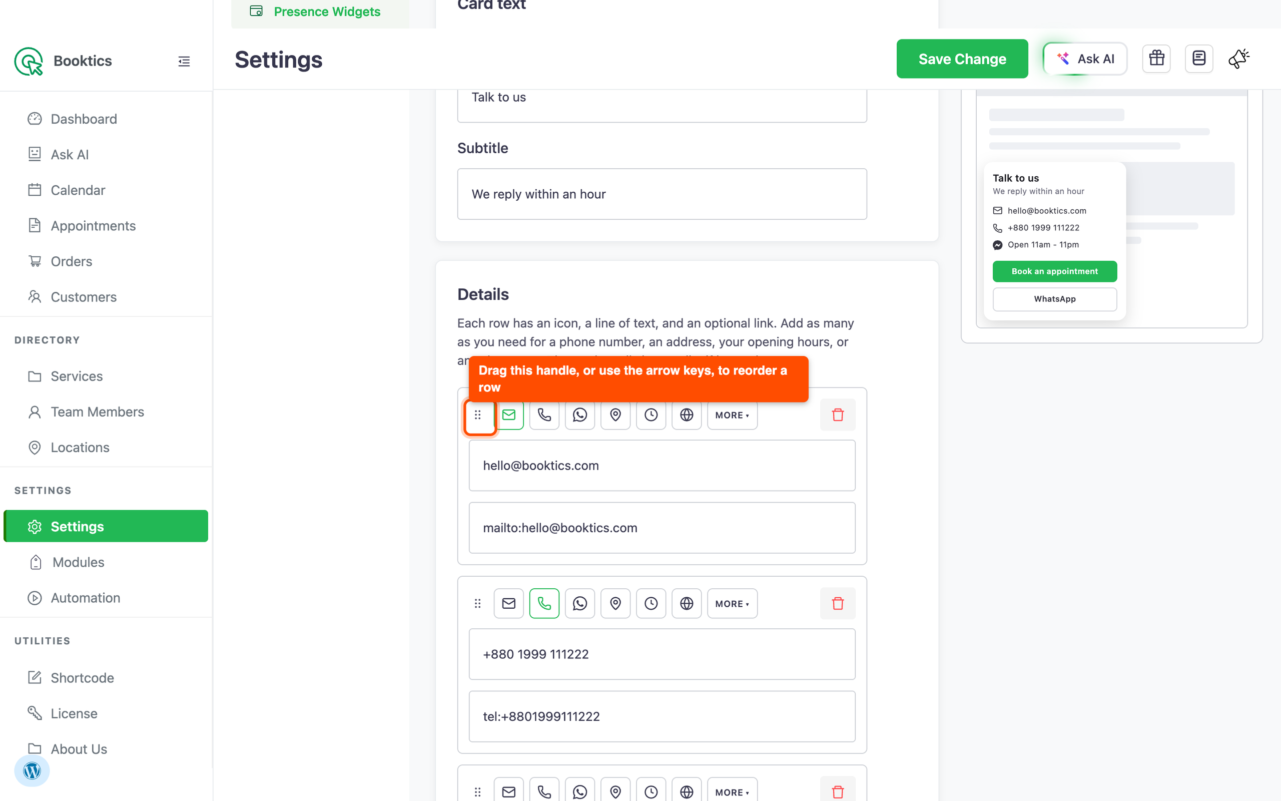 Quick Contact Card settings with detail rows and the drag handle