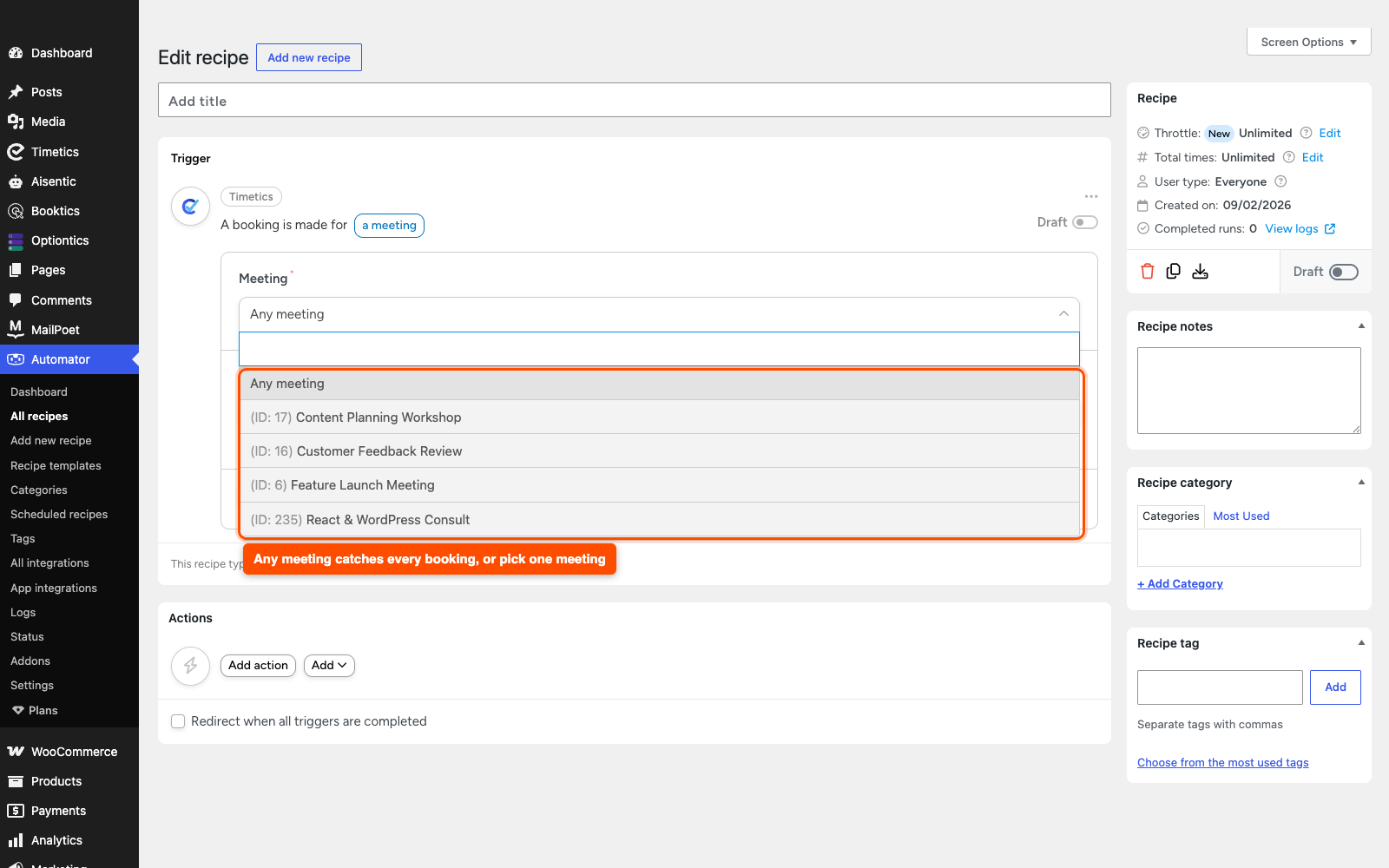 The Timetics trigger Meeting dropdown open showing Any meeting and the meeting list