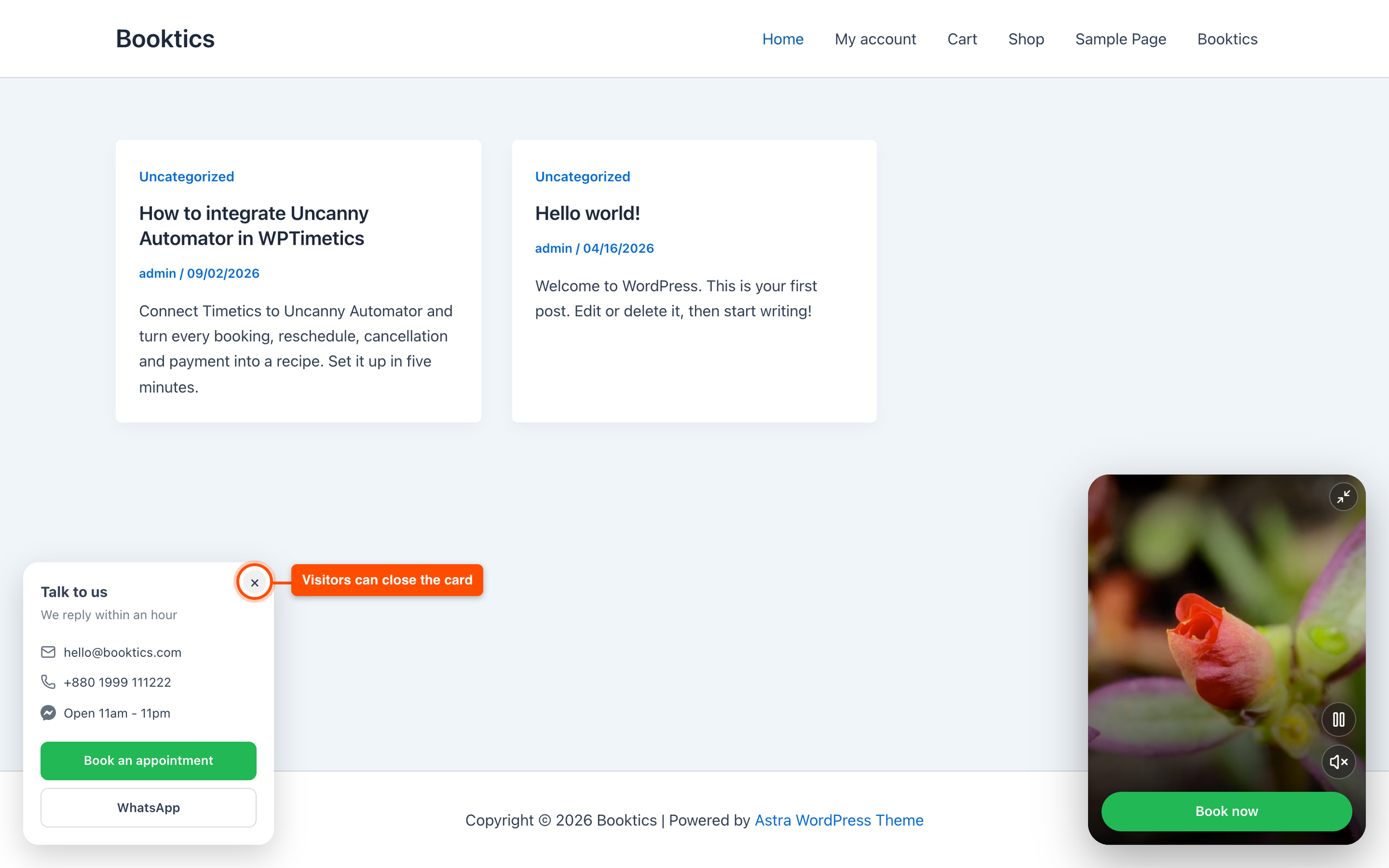 Quick contact card on the site with its close button marked