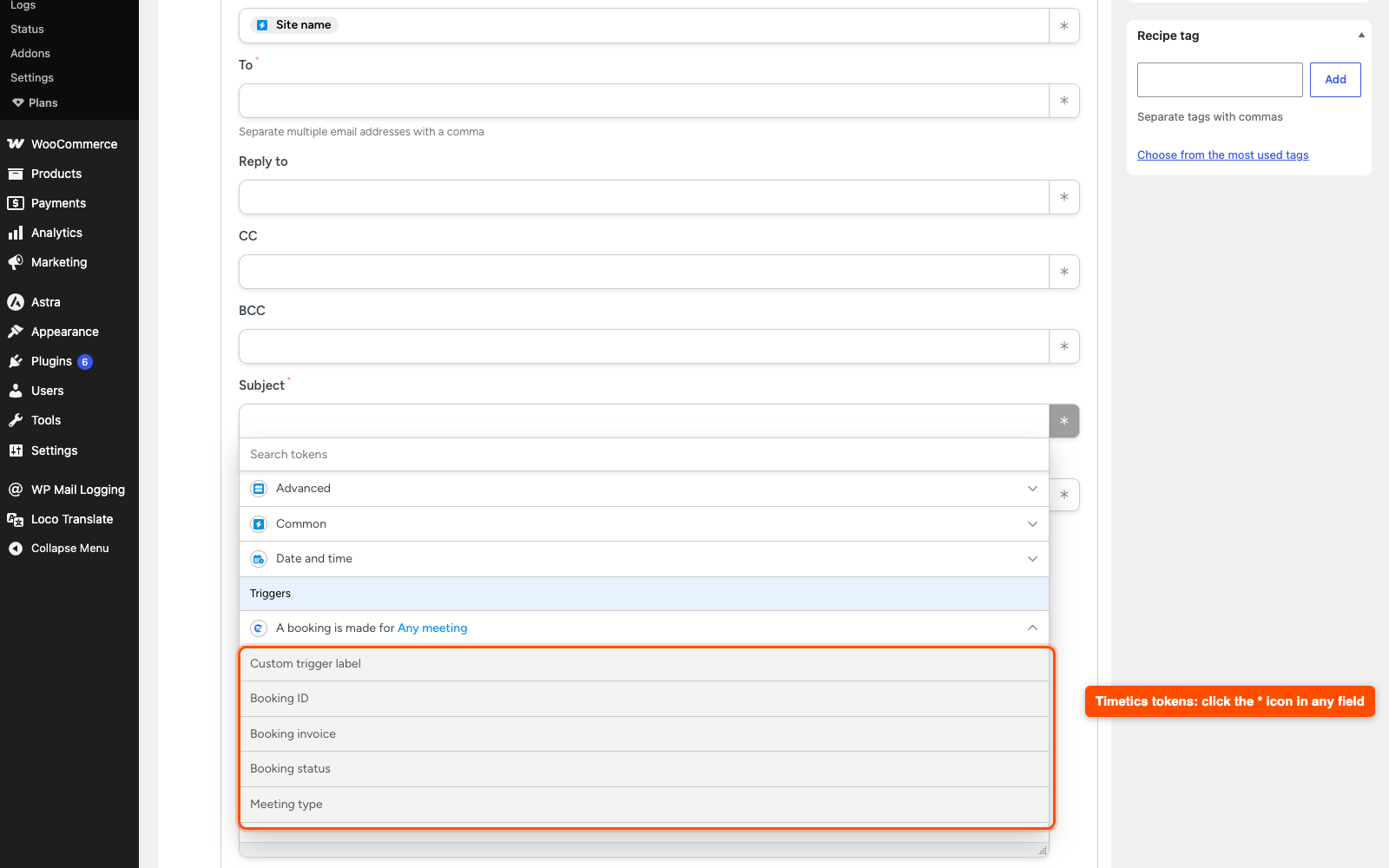 Uncanny Automator token picker open on the Timetics trigger group showing booking tokens