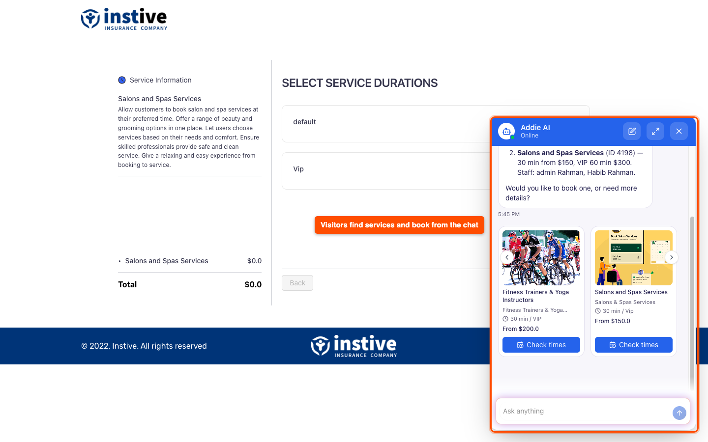 Booktics AI booking assistant chat on a service page showing service cards with Check times buttons