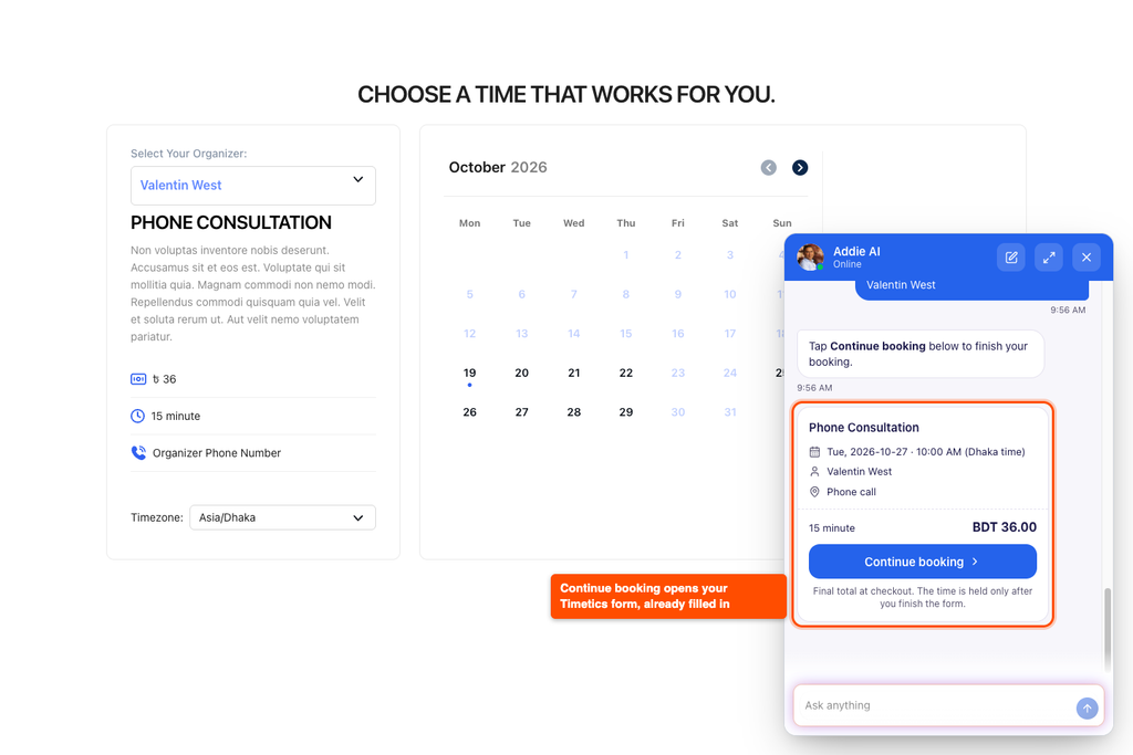 Timetics booking card in the AI chat with the meeting, date and time in the visitor timezone, staff, location, price and the Continue booking button