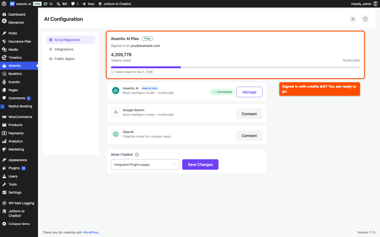 Aisentic AI Configuration page with the Aisentic AI Plan card showing the signed-in email and usage