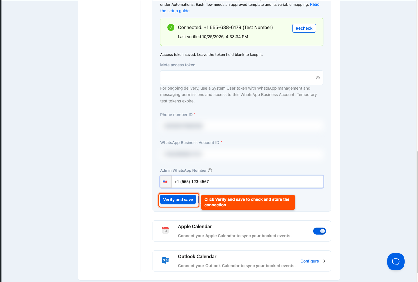 Timetics WhatsApp Notification settings with the Meta access token, Phone number ID, WhatsApp Business Account ID and Admin WhatsApp number fields and the Verify and save button