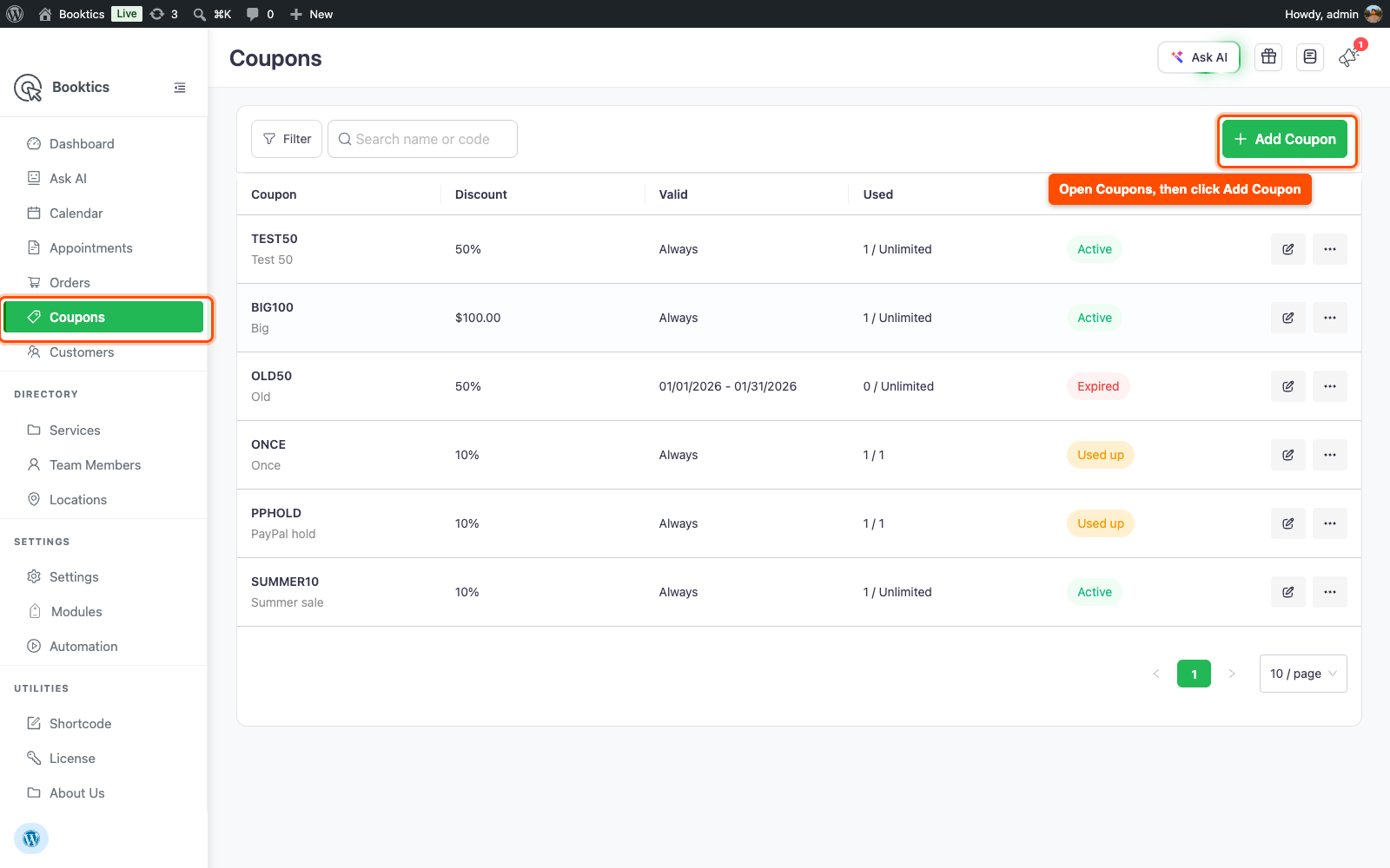 Booktics admin sidebar with Coupons selected and the Add Coupon button