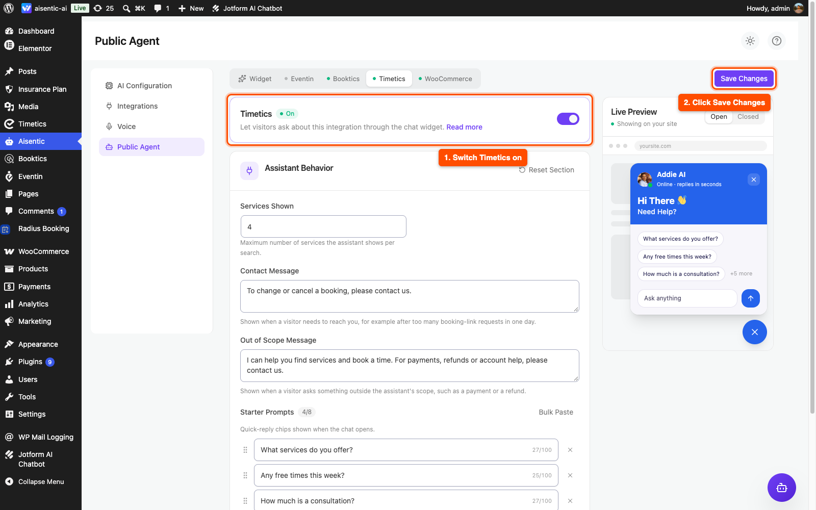 Aisentic Public Agent page on the Timetics tab with the on switch and the Save Changes button marked