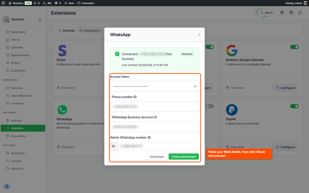 WhatsApp configure popup with access token, phone number ID, business account ID and admin number, and the Check and connect button