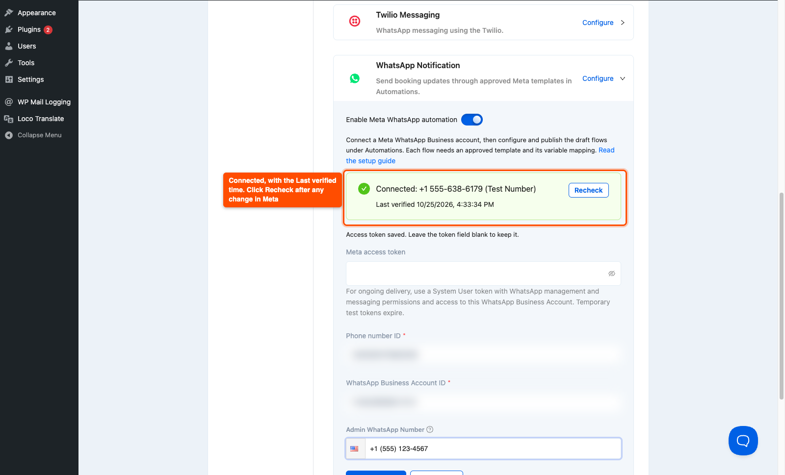 Timetics WhatsApp panel showing the Connected status, Last verified time and the Recheck button