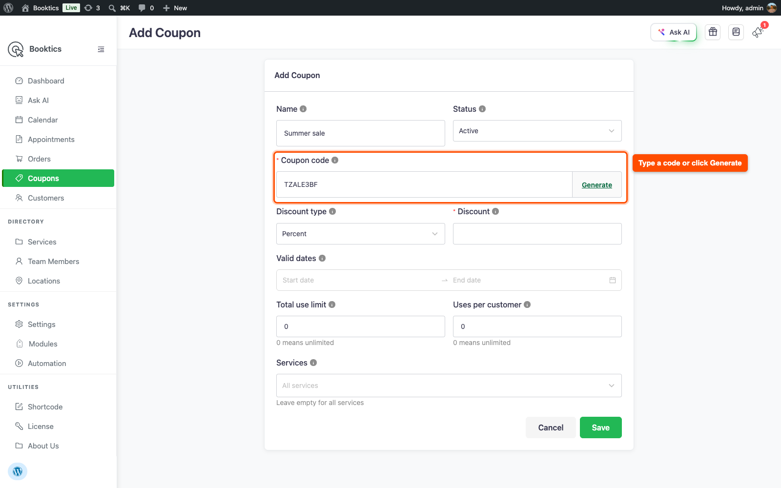 Add Coupon form with the Coupon code field and the Generate button