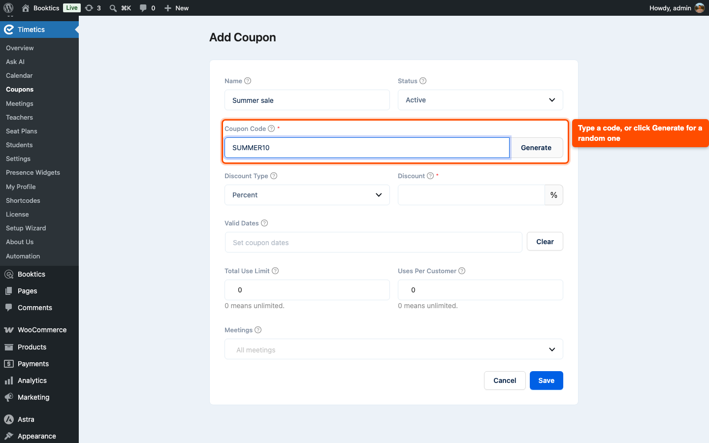 Add Coupon form with the Coupon Code field and the Generate button