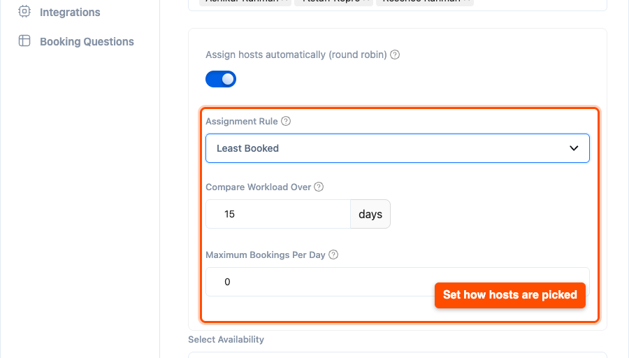 Round robin turned on, showing the Assignment Rule, Compare Workload Over and Maximum Bookings Per Day fields