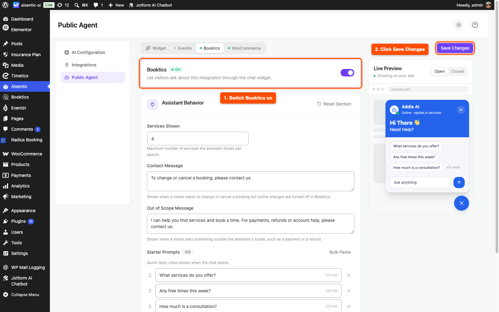 Aisentic Public Agent settings, Booktics tab with the on switch and the Save Changes button