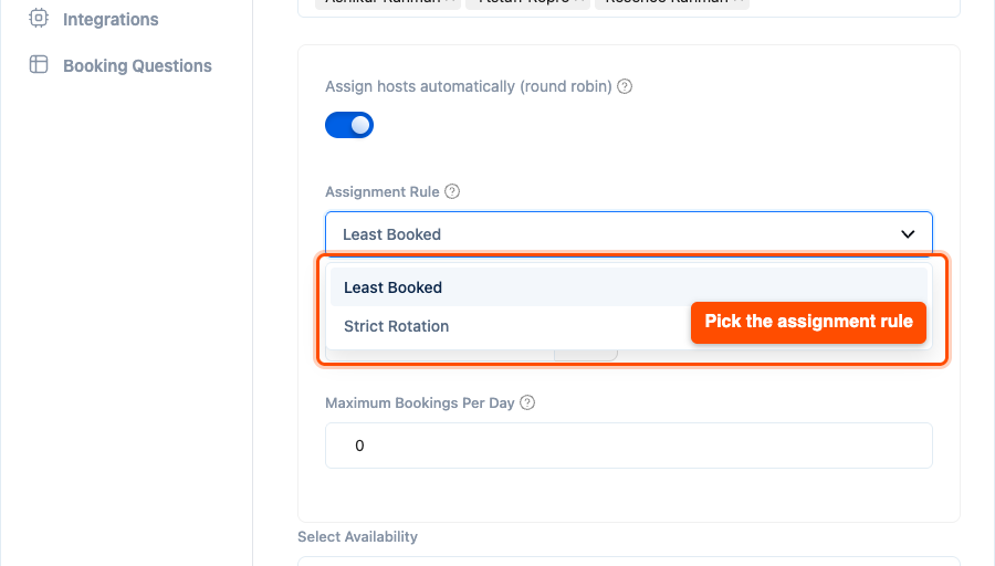 Assignment Rule dropdown open with the Least Booked and Strict Rotation options
