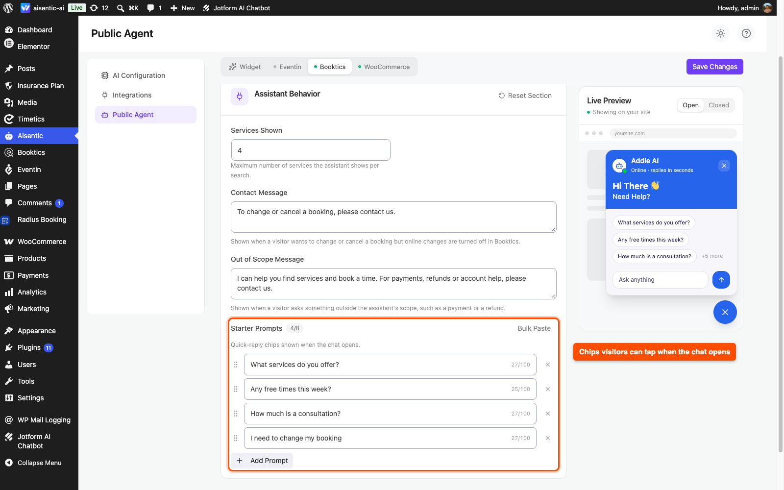 Booktics Assistant Behavior settings with Services Shown, Contact Message, Out of Scope Message and Starter Prompts