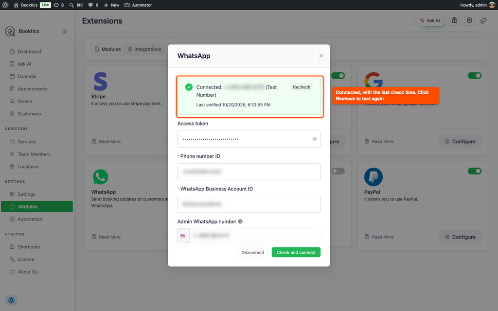 WhatsApp popup showing the green Connected status with Last verified time and the Recheck button