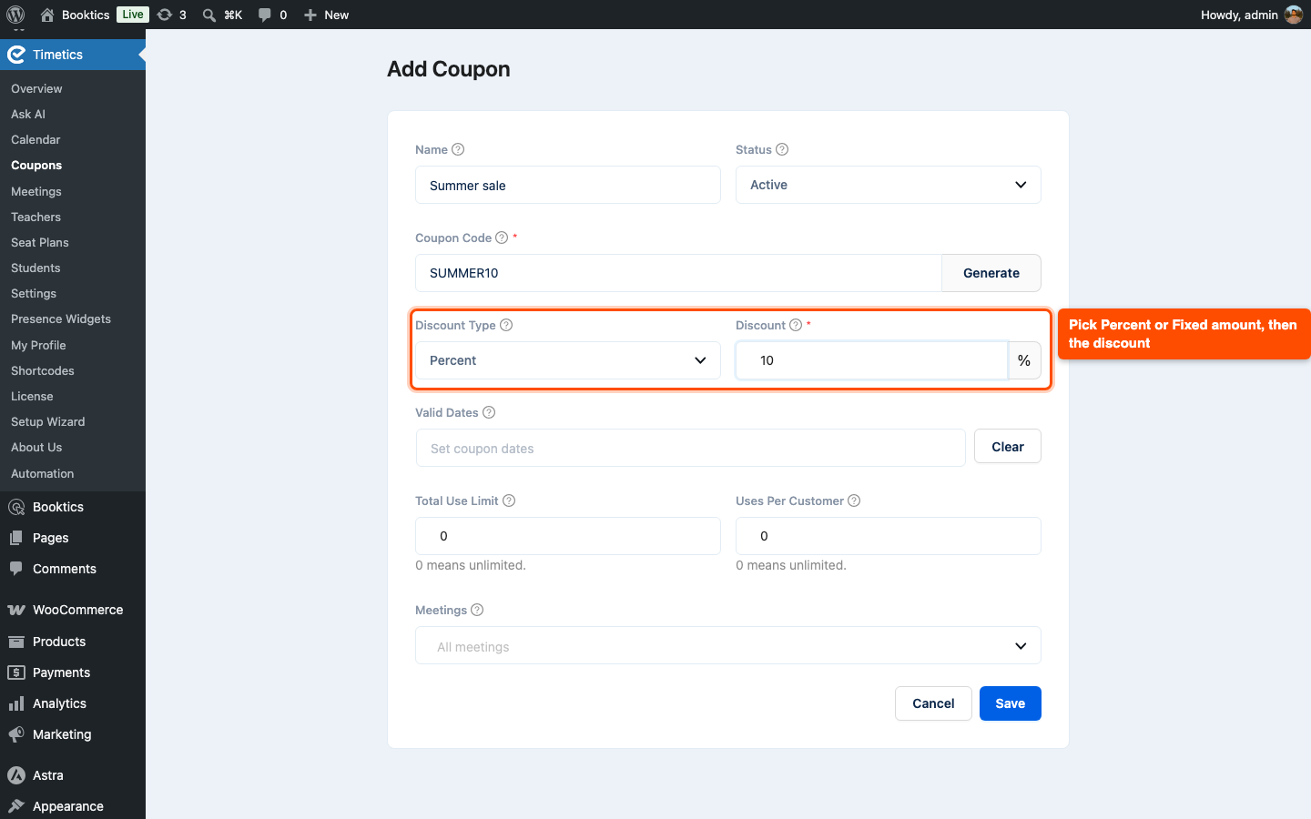 Discount Type and Discount fields on the Add Coupon form
