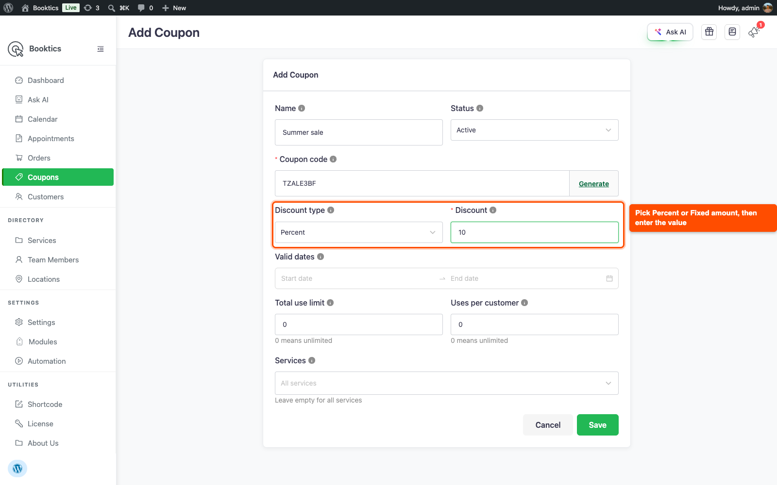 Add Coupon form with Discount type set to Percent and a discount of 10