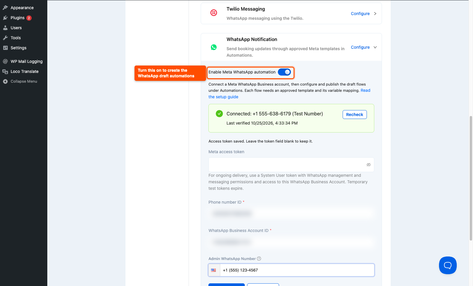 Enable Meta WhatsApp automation switch turned on in Timetics WhatsApp settings