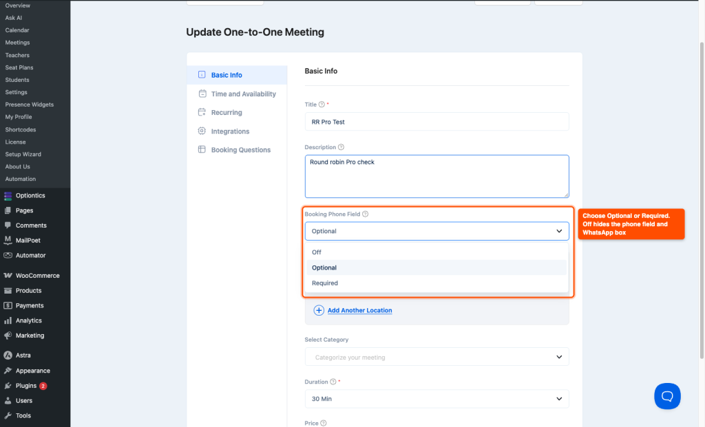 Timetics meeting Basic Info step with the Booking Phone Field dropdown showing Off, Optional and Required