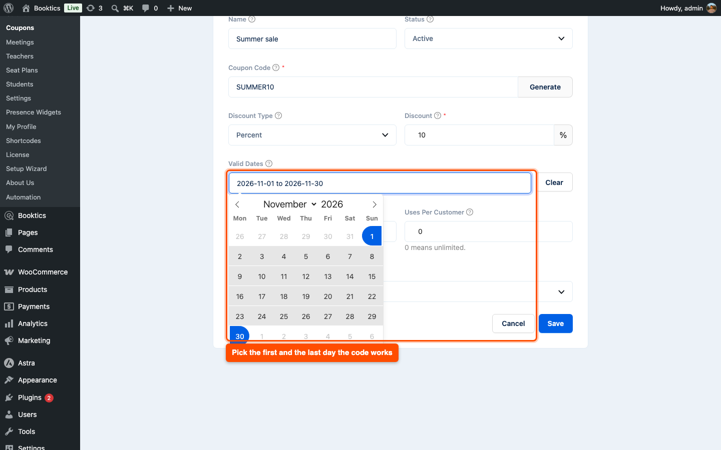 Valid Dates range picker with November 1 to November 30 selected